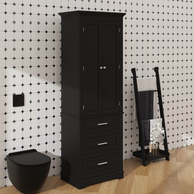 Towering Storage Cabinet With Three Drawers And Adjustable Shelves, Black