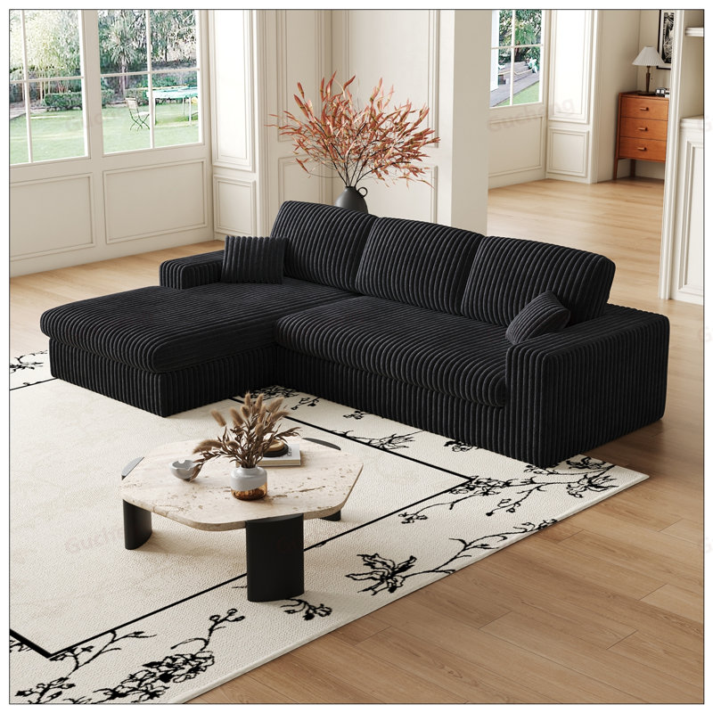 Canapé modulaire moderne en mousse de velours côtelé avec inclinable et configuration en L, soutien du cou et coussins décoratifs pour un confort et une polyvalence ultimes.