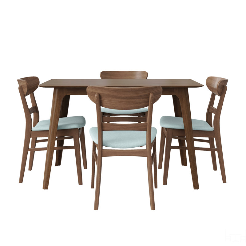 Ensemble de salle à manger 5 pièces de style Mid-Century moderne, structure en bois d'hévéa, une table et 4 chaises rembourrées