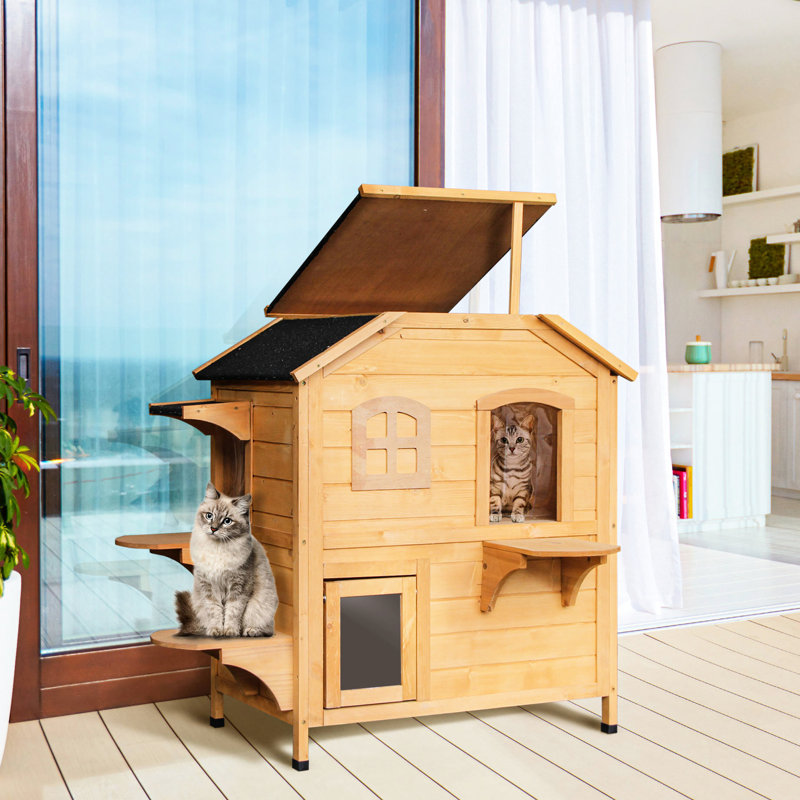 Outdoor Wooden Cat Shelter - Enclosure With Openable Roof And Space For Multiple Cats 2-storey House To Enjoy Their Time