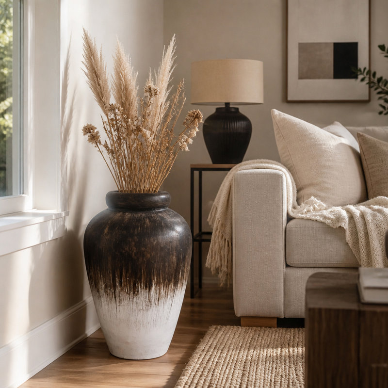 Vase rond rustique haut pour la décoration intérieure, vase de table décoratif en terre cuite, 63,5 cm (25 pouces), brun et blanc