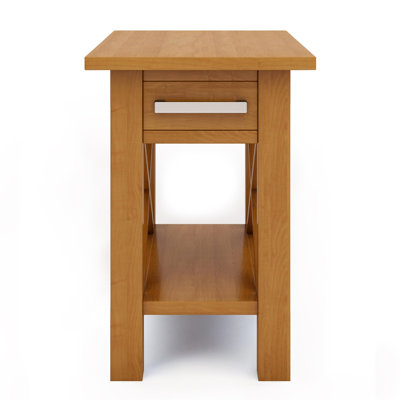 Kitchener Solid Wood Contemporary Narrow Rectangular End Table with Drawer, Open Shelf and X-Design