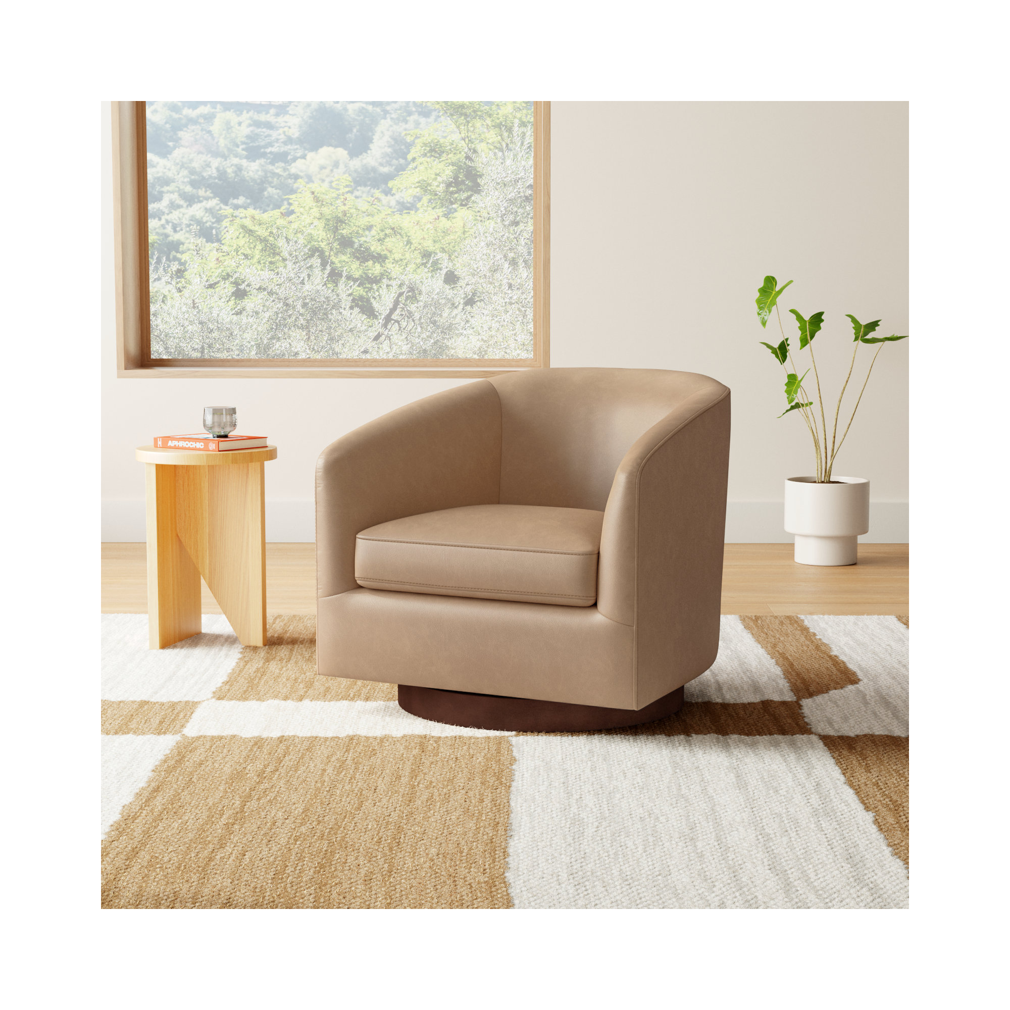 Bennett Vegan  Leather Swivel Barrel Chair, Copley Brown Performance