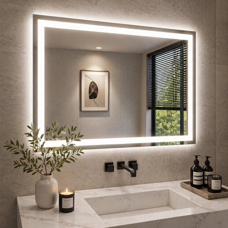 Miroir de salle de bain 48 po x 36 po à DEL sans cadre avec éclairage à intensité variable et fonction antibuée, conception intelligente et sécuritaire