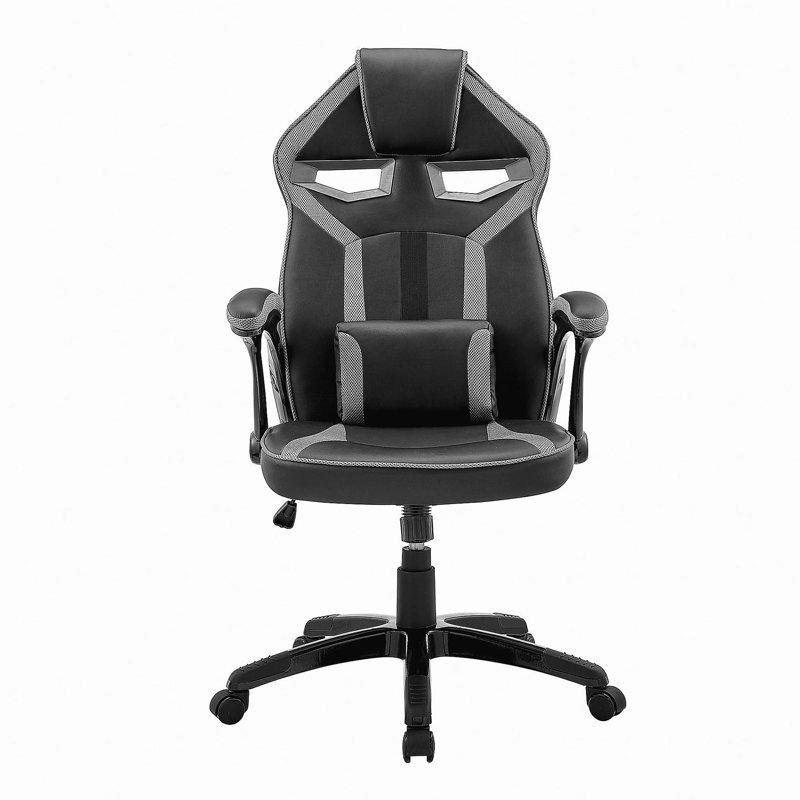 Fauteuil de jeu de course réglable Aspect en similicuir noir et filet gris foncé avec coussin de soutien lombaire