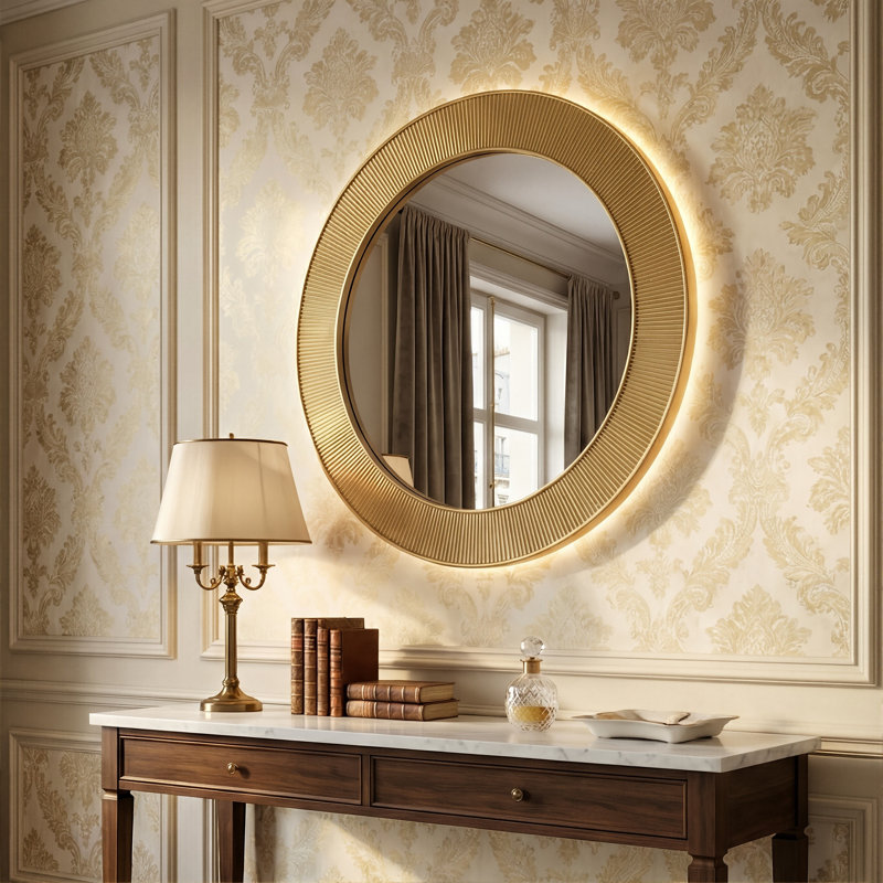 31" Round LED Smart Afrim With Thick Gold Frame, 3 Color Temperatures & Dimmable Backlight, Waterproof PU Bathroom Decor