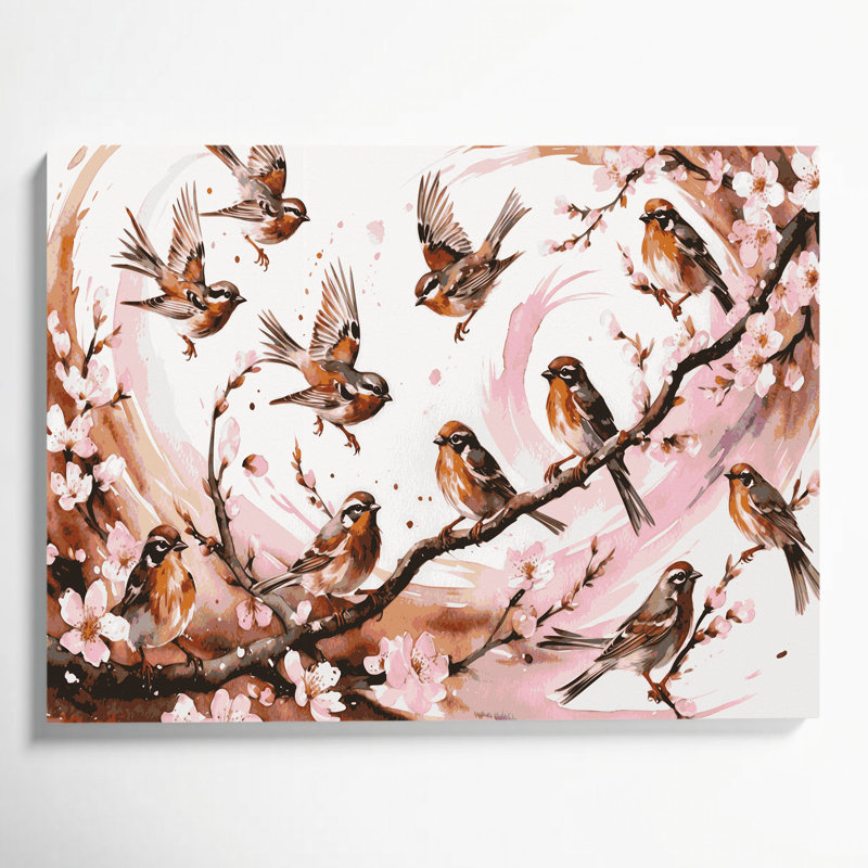 Oiseau, moineau, toile blanche, H 24 po x l 36 po