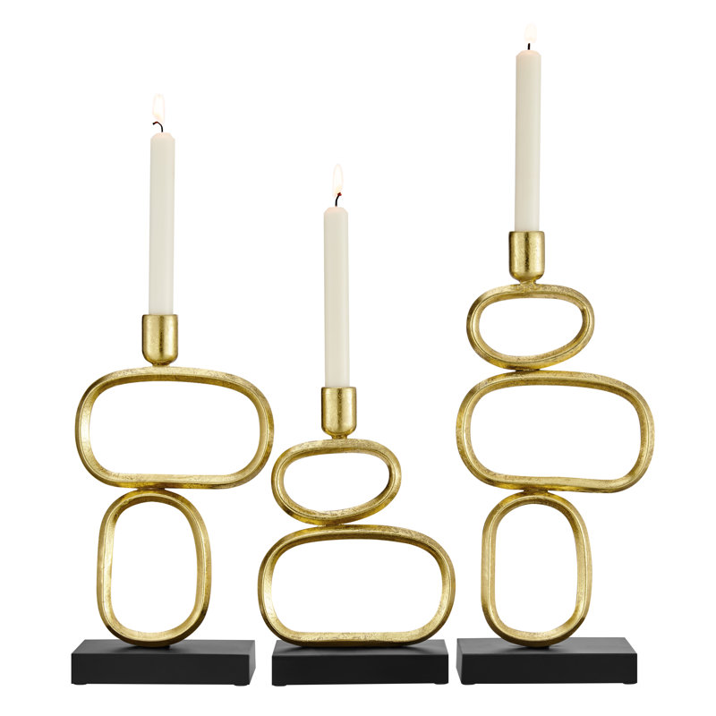 Eduardo Midcentury Modern Geometric Sculpted Gold And Black Candlestick Candle Holders - Set Of 3