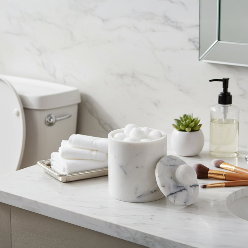 100% Marble Cylinder Bin, Marble White