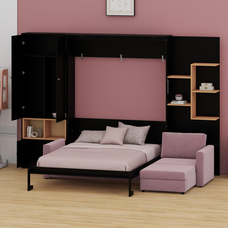 Lit escamotable peu encombrant avec canapé encastré, tablettes de rangement, armoires et éclairage intégré, Noir