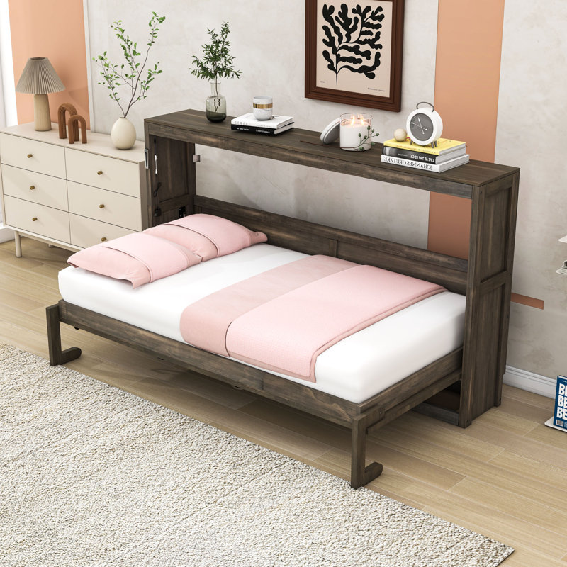 Lit escamotable simple en bois avec éclairage DEL et verrou de sécurité, Brun