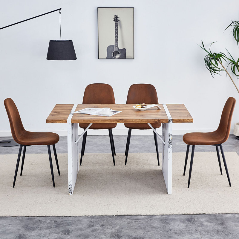 Table de salle à manger de 55 pouces en placage de bois et 4 chaises - extensible à 6 sièges, conception en marbre pour les cuisines modernes