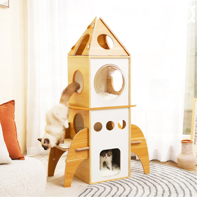 Tour pour chat en bois en forme de fusée