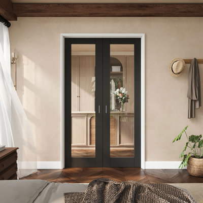 48" X 80" 1-Lite Black Clear Glass French Door With Silver Hinges, Clear Glass Door Slab With Frame, Sound-Dampening & Waterproof, Suit For Laundry, Closet Doors, Room Doors, Ball Catch & Door Handle Included