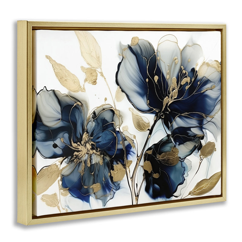 Fleurs bleues tourbillonnantes modernes, H 17 po x l 21 po, Cadre flottant métallique doré