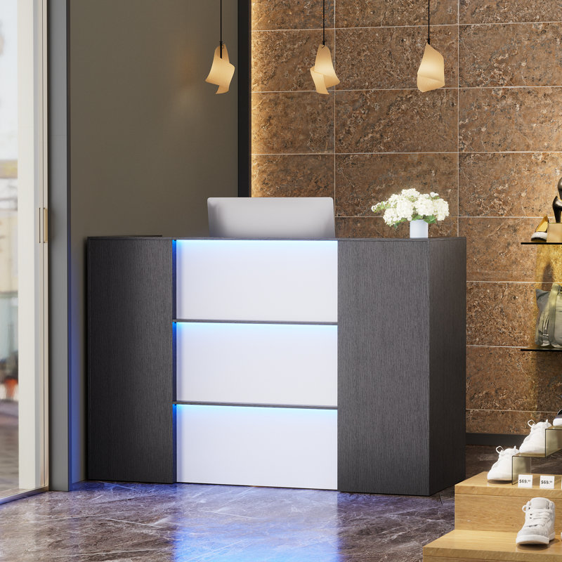 Modern Reception Desk With Led Lights, 63 Inches Front Counter Table With Lockable Drawer & Shelves