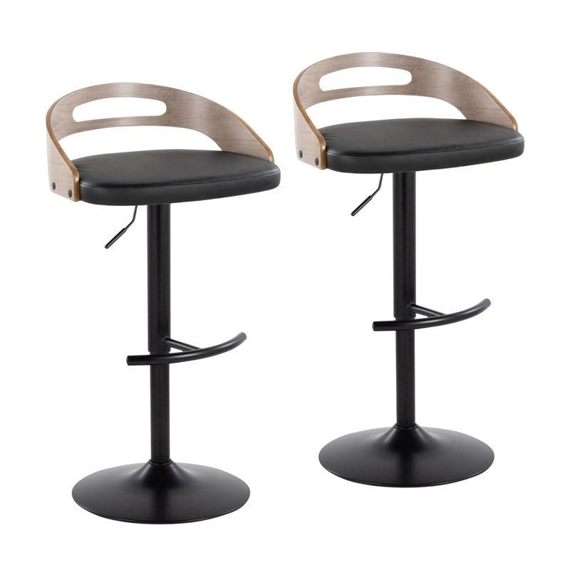 Tabouret de bar réglable avec pivot en métal noir, bois gris clair et similicuir noir avec repose-pieds rond en T - ensemble de 2