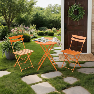 Ensemble bistro de patio pliable 3 pièces, table et chaises en métal d'extérieur / d'intérieur, table ronde compacte avec 2 chaises pliantes pour balcon, porche, terrasse, jardin, appartement, petit espace, orang