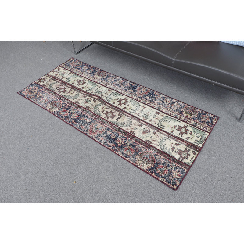 Small Beige Turkish Oushak Woven Rug Perfect For Bathroom Use Featuring Vintage Patchwork Design