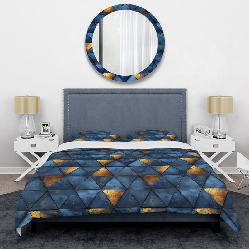 Ensemble de housse de couette moderne Blue Gold Modern Glam Triangles I, Housse de couette très grand et 2 très grandes t