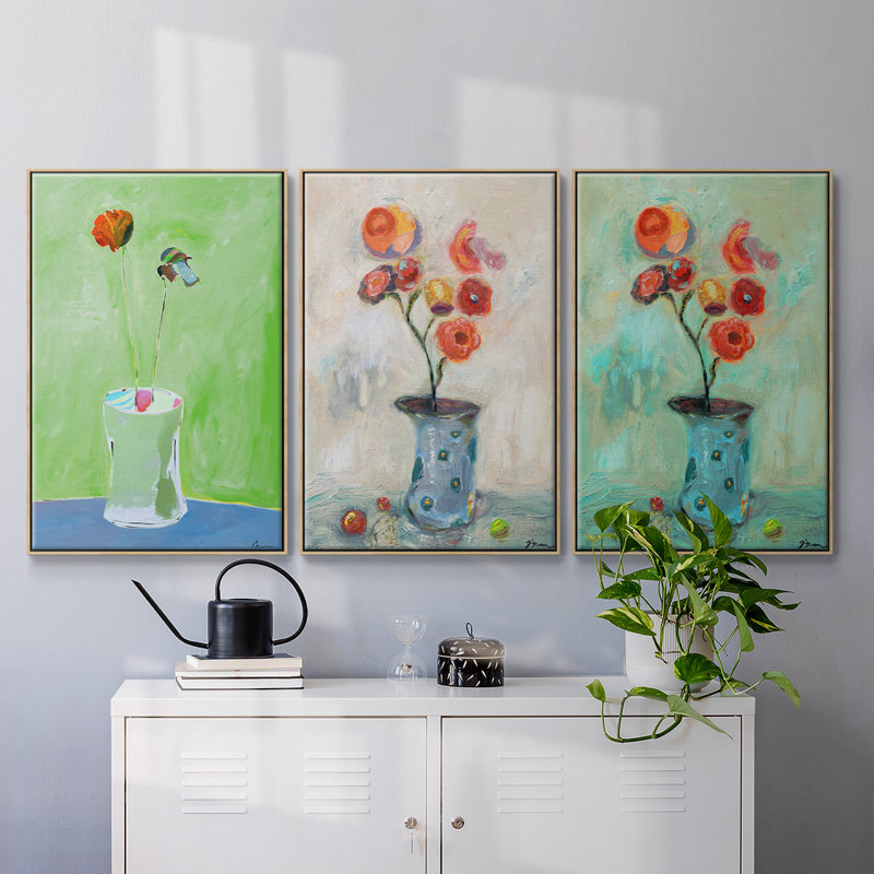 Orange pop encadrée sur toile, 3 pièces, H 48 po x l 96 po x P 2 po, Cadre en bois naturel