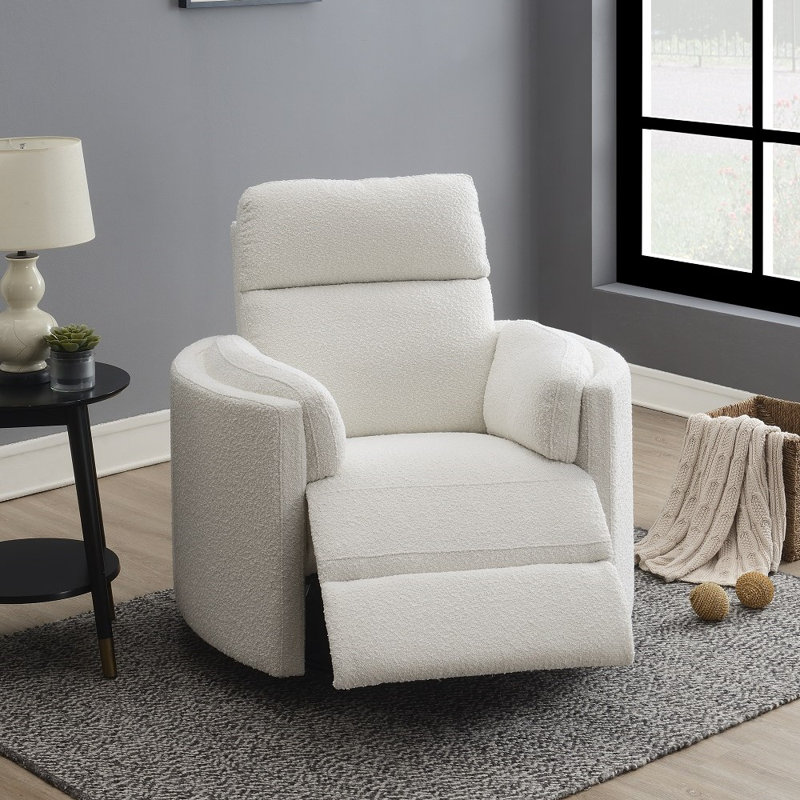 Beige Boucle Swivel Recliner with Wood Frame