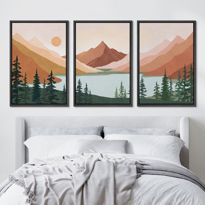 Sun Mountain Landscape Forest Lake Abstract Minimal Nature Scene Framed Canvas 3 Pieces Print Art