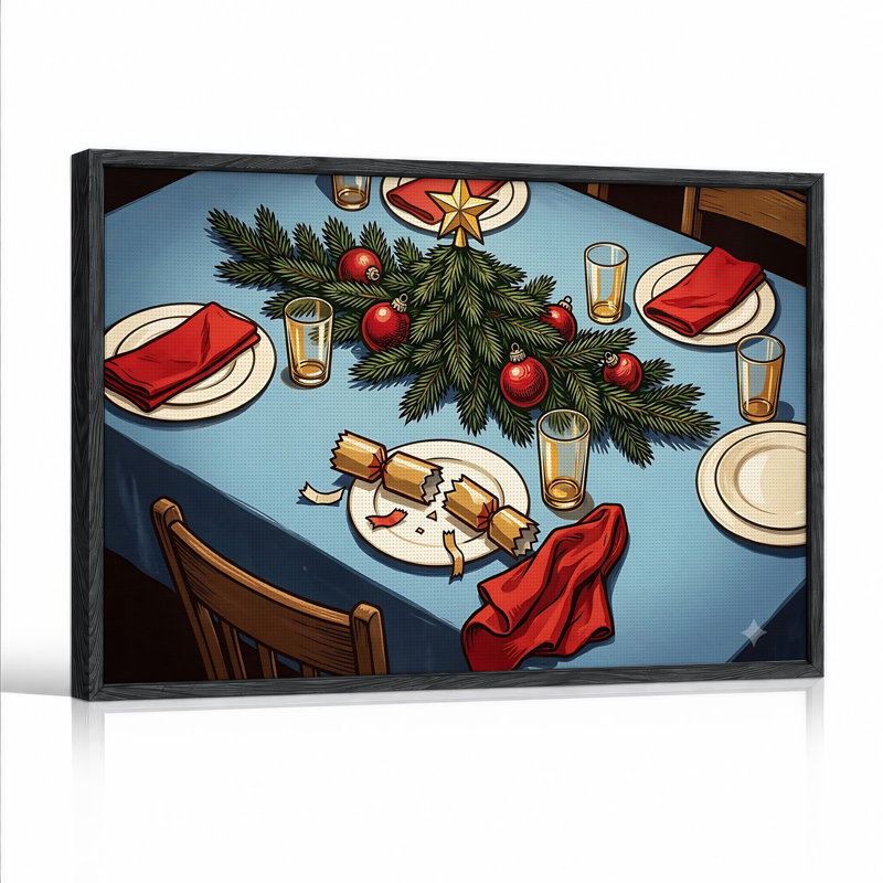 Art de la toile de table avec nappe bleue et branches de pin, H 36 po x l 48 po