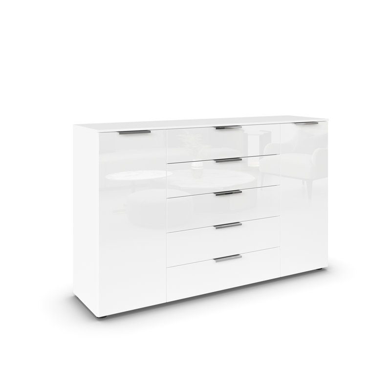 Flipp 5 Drawer 160Cm W Combo Dresser, Alpine White/White Glass/Chrome