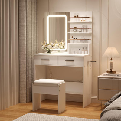Coiffeuse moderne avec lumières DEL, miroir coulissant, 4 tiroirs, tabouret, prise de courant et tablettes ouvertes - coiffeuse de chambre à coucher avec éclairage réglable