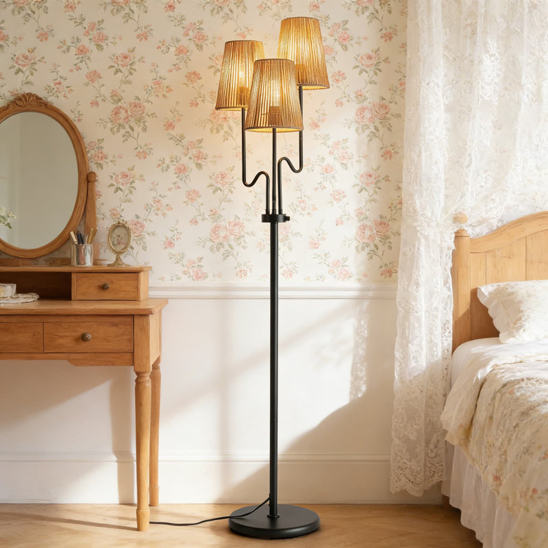 Lampe sur pied à intensité variable avec abat-jour naturel - lampe sur pied à branches 68 po avec 3 lumières, gradateur rotatif en continu, douille E26 pour décoration de salon et de chambre de style bohémien, côtier ou bohémien