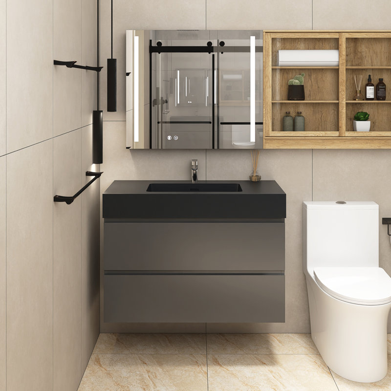 Sibin 35.8'' Single Bathroom Vanity with Solid Surface Top, Matte Black, Gray