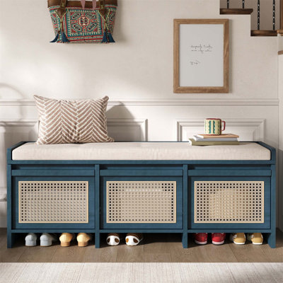 Banc de rangement pour chaussures de 48 pouces avec tiroirs en rotin et coussin rembourré capitonné amovible, idéal pour le salon, le couloir, le vestibule et l'escalier