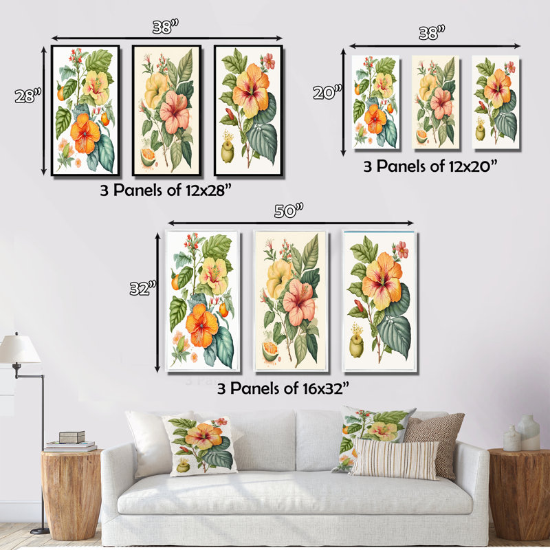 «Blossiming Yellow Retro Hibiscus», 3 pièces sur toile, Toile tendue, H 40 po x l 60 po