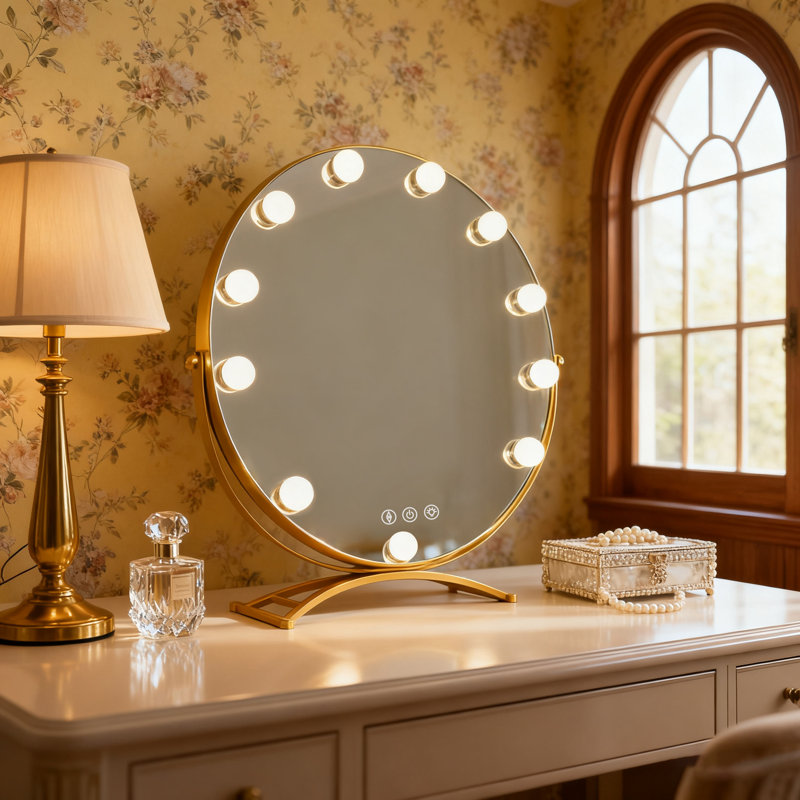 Grand et lumineux miroir en métal à DEL avec miroir pivotant pour table à intensité variable avec 11 ampoules et grossissement 3 fois