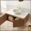 Bathroom Vanity&Sink, Floating Plywood Storage Cabinet, Twill Double Doors With Metal Trim, Matte Stone Pattern Round Ceramic Basin&Top-896327582