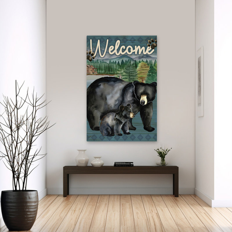 «Black Bears Welcome», art typographique «Welcome Lodge» contemporain, H 60 po x l 40 po