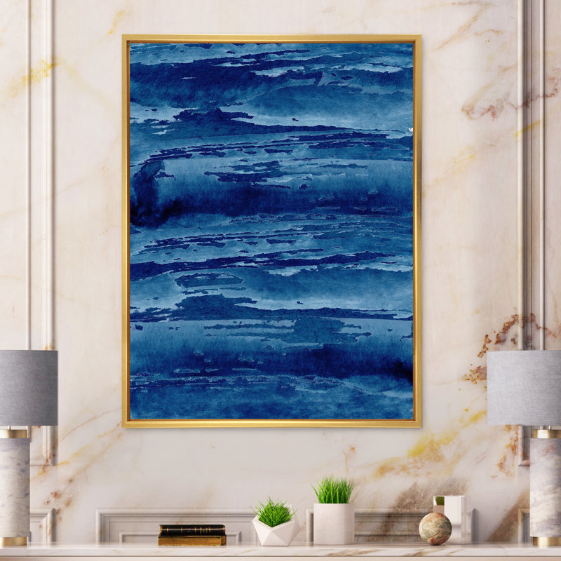 Abstrait bleu classique I - Peinture sur toile, Cadre flottant doré, H 44 po x l 34 po