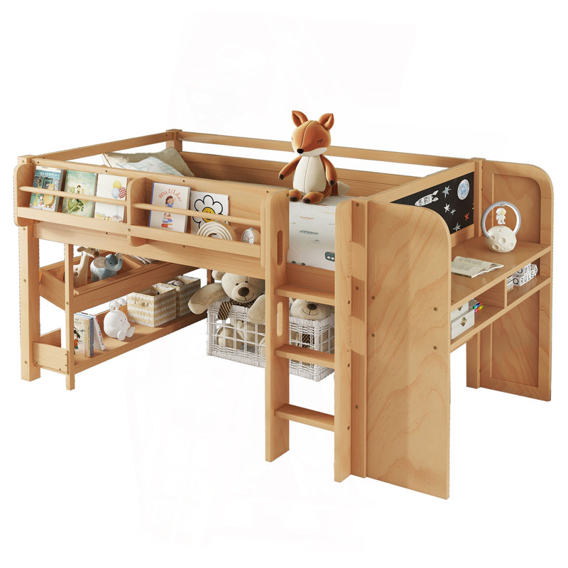 Lit mezzanine simple avec bibliothèques, boîtes et tiroirs à rangement multiple, lits mezzanine bas en bois massif avec bureau et tableau noir, aucun sommier nécessaire