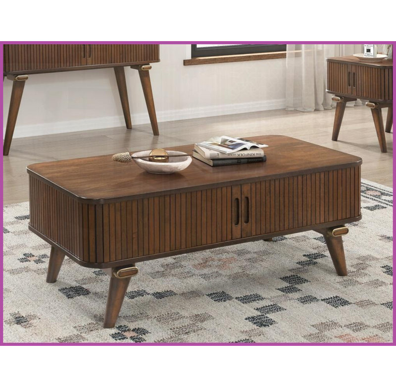 Table basse Mid-Century en placage de noyer pour le salon - 2 portes tambour et amp; 2 tablettes, rangement élégant