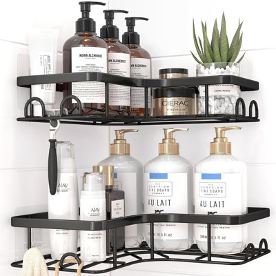 Ensemble de 2 paniers de douche en coin, organisateur de douche adhésif en acier inoxydable antirouille avec 2 tablettes et 8 crochets, noir, peu encombrant