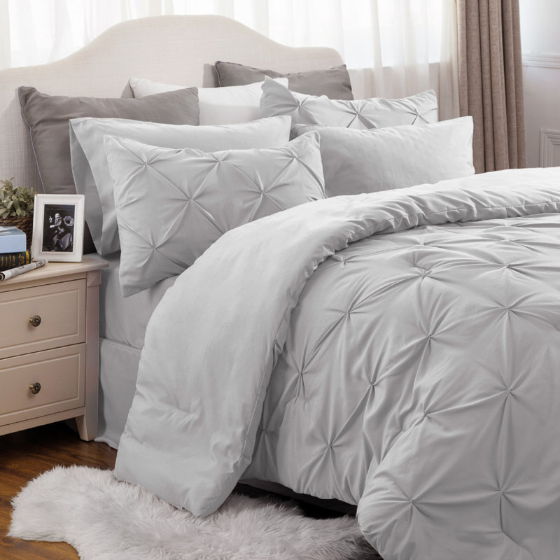 Bedsure Cal King Burgundy Pintuck Bed-in-a-Bag - Light Gray Pinch Pleat Comforter Set with Sheets, Pillowcases & Shams (Set of 7)