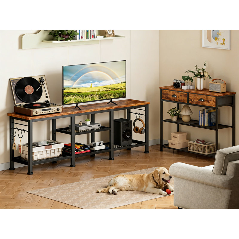 TV Stand For Up To 55 Inch Tvs, Entertainment Center With Open Shelves, Soundbar Shelf, Rustic Brown