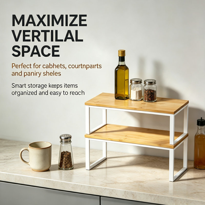 2‑Pack Cabinet Shelf Organizers, Stackable Expandable Kitchen Counter Shelf Riser, Multi‑Purpose Spice Rack for Pantry and Cupboard Storage Organization