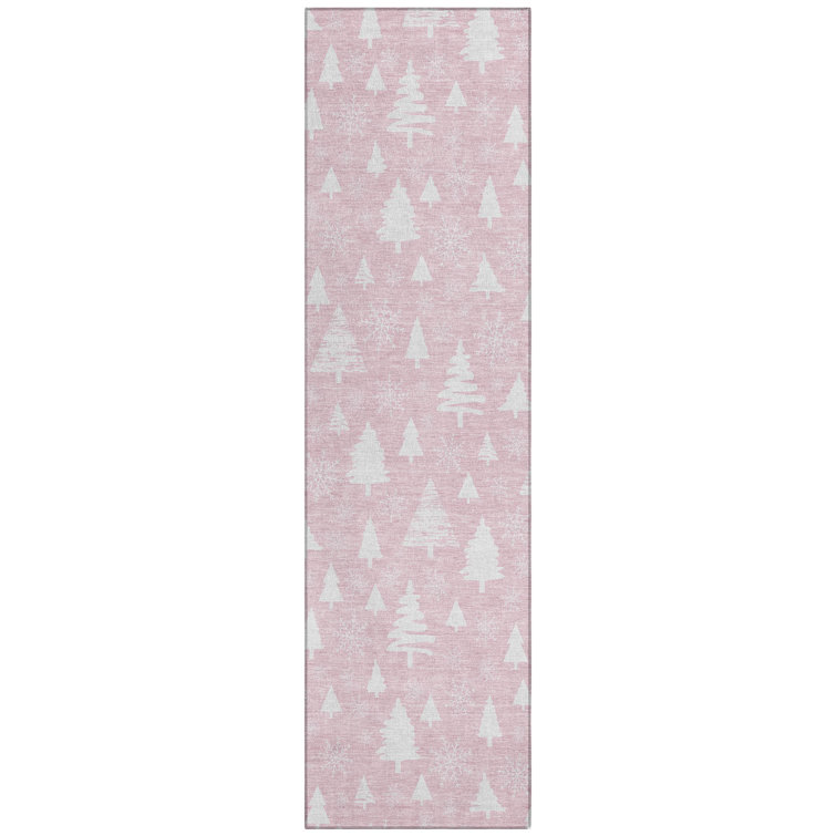 Machine Washable Indoor/Outdoor Christmas Tree Xhevrie Pink Rug