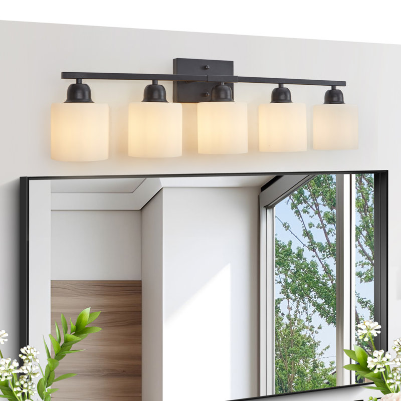 5-Lights Moisture Resistant Bathroom Vanity Light With Frosted Glass Shade, Matte Black, 5 Lights