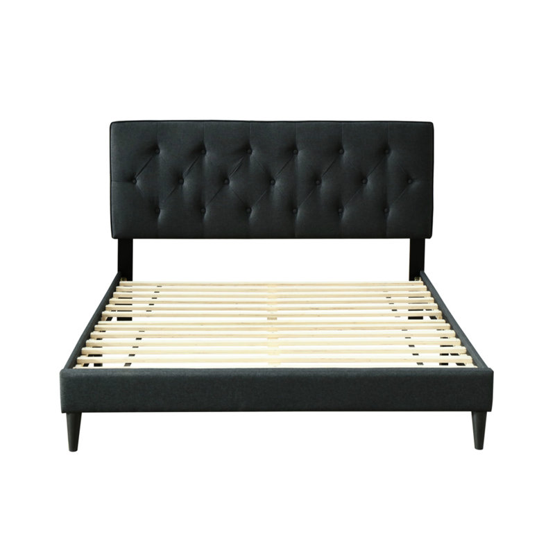 Grand lit dans une boîte avec bâbord - Tissu noir revêtu de tissu d'ameublement