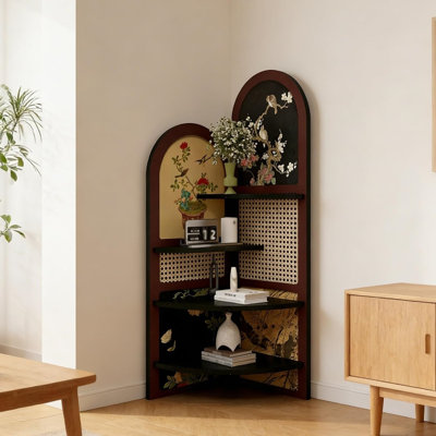 Étagère de coin de 39,37 po de hauteur, art chinois, support de rangement arqué à 4 niveaux avec impressions florales rétro