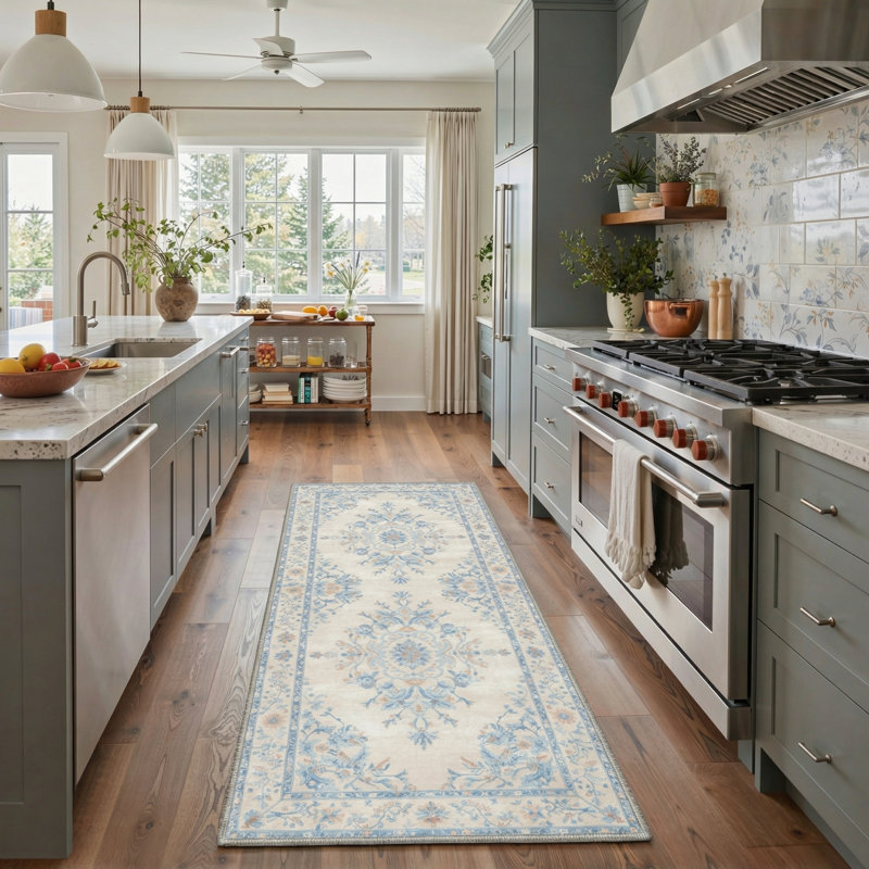Vintage Floral Machine Washable Blue /Beige Indoor Area Rug With Non-Slip Backing, Runner 2' x 7'