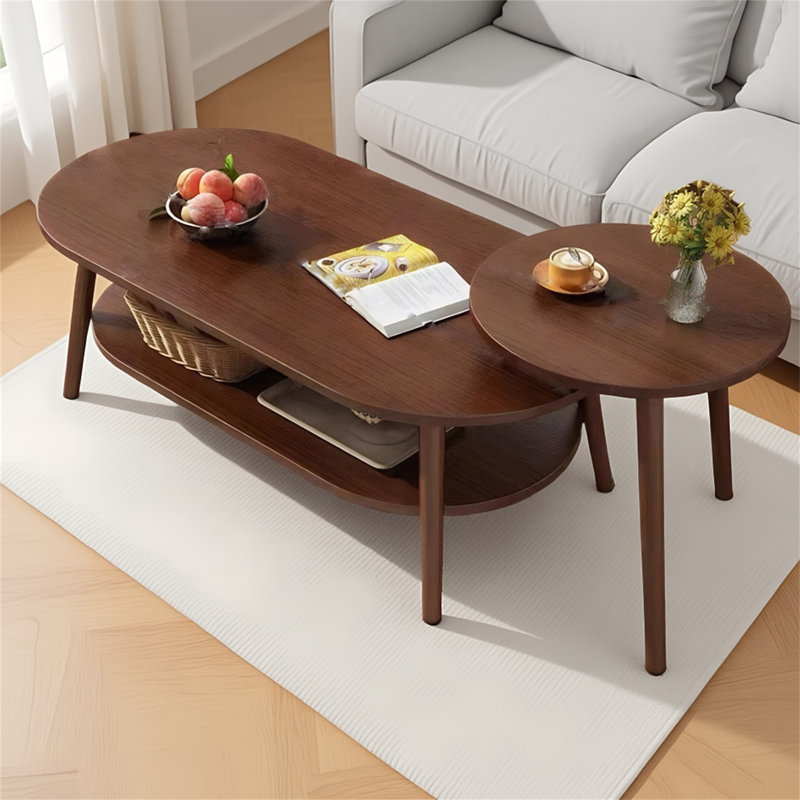 2-Piece Nesting Coffee Table Set, with 2-Tier Storage & Rustic Wood Grain, Oval & Round Tabletop, Minimalist Modern Style